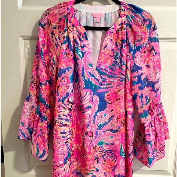 lilly pulitzer matilda silk tunic dress NWT $248 Lilly Pulitzer XS Matilda Silk Metallic Dress Fish Clip Chiffon Shiraz